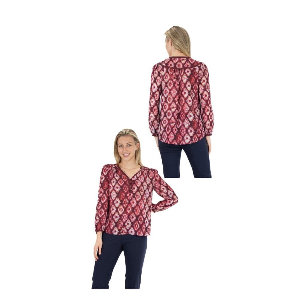 Zac‎ and Rachel Burgundy and White Popover Blouse Size Medium